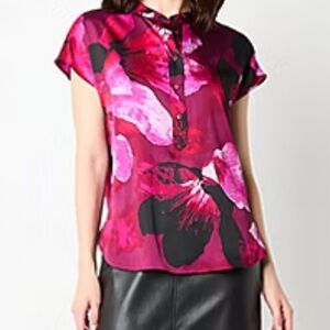 Worthington Womens Henley Neck Short Sleeve Satin Blouse